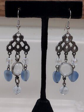 Silver-Tone Dangle Earrings with Blue and Clear Beads